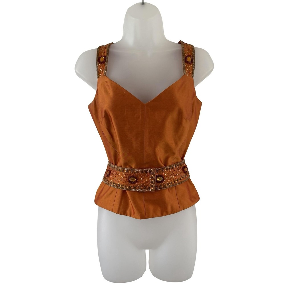 Luisa Spagnoli Tank Top Womens 42 US 6 Orange Silk Beaded Embellished Party